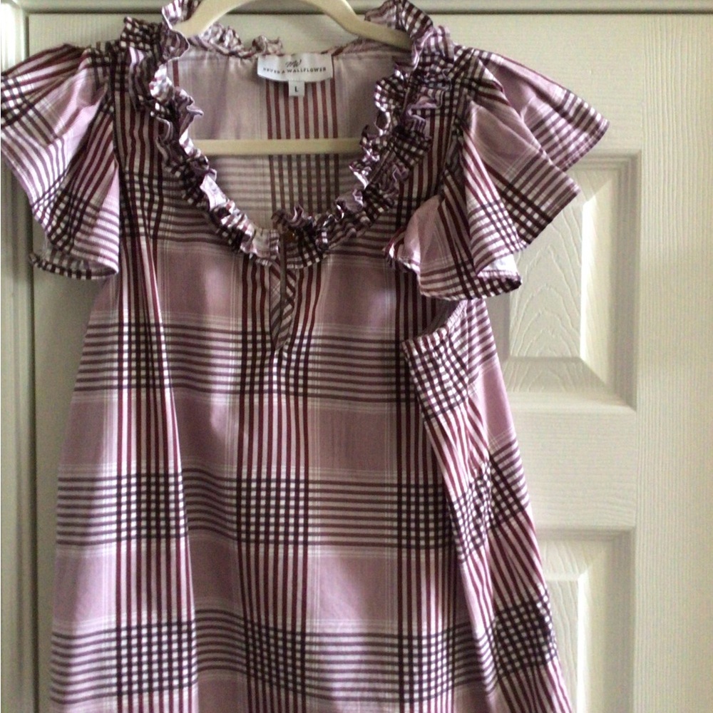 Ruffle-Neck Plaid Flutter Sleeve Blouse in Plum